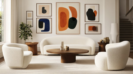 A living room with white walls, a sofa and armchairs arranged in front of the wall on which there is an art gallery of framed posters. The poster frames have different sizes to create depth and texture, adding character to your space. You can see colorful abstract artwork, geometric shapes, or minimalist designs. A wooden coffee table sits between the chairs, surrounded by plants that add life to your home decor. --chaos 30 --ar 16:9 --v 6.1 Job ID: cefe76af-f62e-4046-9e26-05ea4bf0fed4の素材