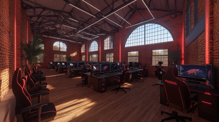 A modern office space with desks and chairs, brick walls, large windows allowing natural light to stream in, wooden floors, computer screens on tables, a black gaming chair, plants, and an industrial-style interior design concept. --chaos 30 --ar 16:9 --v 6.1 Job ID: 2a3f5515-4057-4ea6-96fb-806b9912f4f9の素材