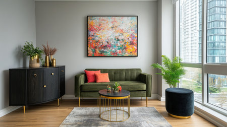 A photo of an interior design for a living room in the Scandinavian style, with a green sofa and gold legs, a black sideboard against a grey wall, a large abstract painting on the wall above it, a wooden floor with a grey rug under a coffee table with colorful ornaments, a small round dark velvet stool near the window, plants in golden vases, and modern minimalistic decor. --chaos 30 --ar 16:9 --v 6.1 Job ID: 9b1601a6-aede-436a-9570-dd91ea9ac671の素材
