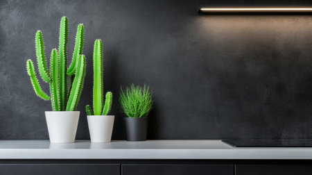 A modern kitchen in black with an island, in a contemporary style, with green cacti on the side of an empty countertop and white lighting. Photography. --chaos 30 --ar 16:9 --v 6.1 Job ID: 5736638f-89e3-4b5f-bc2d-99ed78acbc4eの素材