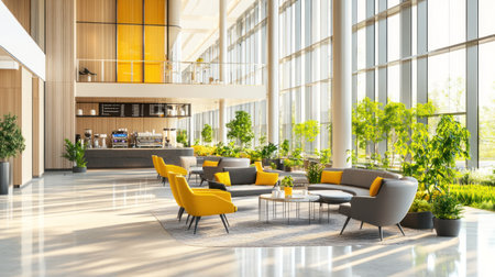 A modern hotel lounge with a coffee bar, plants, and chairs, featuring yellow accents, a concrete floor, and a steel-framed wall with wood paneling behind the counter. Large windows offer a view of the greenery outside, creating a photorealistic, cinematic atmosphere. --chaos 30 --ar 16:9 --v 6.1 Job ID: 11e6aa24-0b86-43ed-a80d-1ab693da5d8aの素材