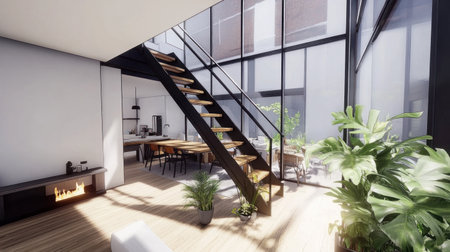 A modern staircase in the living room, with white walls and a wood floor, and natural light from the windows. The interior design features an architectural rendering with realistic details. The stairs have a black handrail and wooden steps, and there is an indoor fireplace on one side of each step, with plants at the base of the stairs and simple furniture around. This is a high-resolution, professional-style photograph. --chaos 30 --ar 16:9 --v 6.1 Job ID: 09a41b88-7c29-42f5-a151-c5fd7b2ddd56の素材