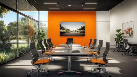 A modern conference room with an orange accent wall, featuring sleek chairs around the table and large windows that open up to outdoor greenery. The interior is illuminated by natural light from outside, creating a bright atmosphere. A flat-screen TV hangs on one of the walls, providing space for presentation or meeting purposes. This design creates a professional yet comfortable environment suitable for business lounges, sharp focus, and ultra-realistic photography. --chaos 30 --ar 16:9 --v 6.1 Job ID: 966499e1-2c52-44be-8685-000ffdfed652の素材