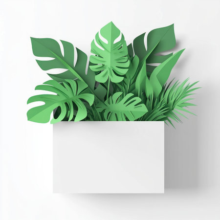 A simple white box with green plants, in the style of paper cut, flat illustration, simple background, 3D model, front view, tropical rainforest, white and green color scheme, simple details, white background, high resolution, high quality. --v 6.1 Job ID: 15ef1b2d-eed2-4f79-96ea-fdf86f0f2569の素材