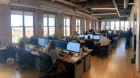 A modern office space with desks and chairs, wooden floors, large windows, brick walls, industrial design elements, computer screens on tables, plants in vases, natural light from the windows, a busy work atmosphere. --chaos 30 --ar 16:9 --v 6.1 Job ID: fc1f09e6-663d-47a6-b85c-1d19e47f689aの素材
