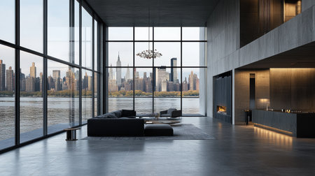 A large living room with dark gray walls, wooden floors, and a black sofa, concrete floor tiles, large windows overlooking the city skyline, a modern chandelier hanging from the ceiling, a gray rug on the ground, a small side table near the window, a minimalist decor style, a warm lighting atmosphere, high-resolution photography, and a hyper-realistic appearance. --chaos 30 --ar 16:9 --v 6.1 Job ID: 358bf1e7-7b8d-41da-92ae-38909d60e549の素材
