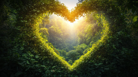 An enchanting forest scene with towering trees and lush greenery, with the heart-shaped frame filled by an empty white space for text or design elements. The background should feature dense foliage of various shades of green to create depth in your visual storytelling. This design is perfect as a backdrop for environmental themes or nature-inspired projects that need to convey harmony between humans and wildlife, isolated on a white background, high-resolution photography. --chaos 30 --ar 16:9 --v 6.1 Job ID: c1b05fc7-dd62-4494-a00d-1b05b5c25458の素材