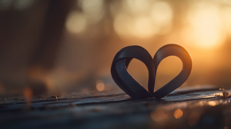 A delicate ribbon in the shape of two hearts, elegantly coiled together on an old wooden table, bathed in soft golden light with space for text or copy. Focus stacking, photo taken from a Sony Alpha A7 III camera with a FE 16-35mm f/4 lens, aperture f/5.6, shutter speed 30s, bokeh background, depth of field, high-resolution photography, insanely detailed and intricate, hyper-realistic details, cinematic lighting, and cinematic composition. --chaos 30 --ar 16:9 --v 6.1 Job ID: a907d836-317a-4237-8751-1a40a4e8a3ebの素材