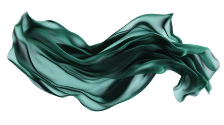 3D rendering of flying green silk fabric isolated on a white background, with an organic shape, soft edges, and blurred details in the style of a simple, flat design created in Adobe Illustrator --chaos 30 --ar 16:9 --v 6.1 Job ID: 99e2d930-2049-4f7d-8107-bb9a43c739f2の素材