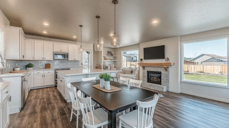 Beautiful modern farmhouse with an open-concept kitchen and dining area. The kitchen features white cabinets and a light grey marble backsplash. There is a large island with seating for four people. In the center of the room, there is a black wooden table surrounded by white chairs. The room has a wood floor and a TV mounted on the wall above the fireplace. The space is filled with natural lighting, creating a cinematic, hyper-realistic, and highly detailed scene. --chaos 30 --ar 16:9 --v 6.1 Job ID: 98dd7214-14d2-463d-bbaa-bfb43e36f3e2の素材