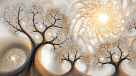 A digital art piece featuring an ethereal landscape of swirling golden and brown patterns resembling trees, with delicate feathers adorning the branches. The scene is bathed in soft light that casts gentle shadows on the intricate textures, creating a sense of depth and movement. This artwork symbolizes growth, beauty, and natural harmony. --chaos 30 --ar 16:9 --v 6.1 Job ID: 552d6bb1-4967-40ed-9305-941dfea82079の素材