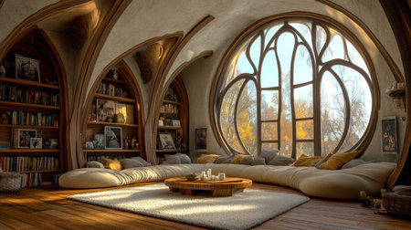 A living room in the style of Zaha Hadid, with curved walls and ceilings, large windows with arched frames on one side, a white rug, a round wooden coffee table in front of an oversized cream sofa, the wall filled with built-in wooden shelves holding art, warm lighting from above, and organic textures. --chaos 30 --ar 16:9 --v 6.1 Job ID: b4e71b83-0ed0-4906-9967-4cdfacfe62d5の素材