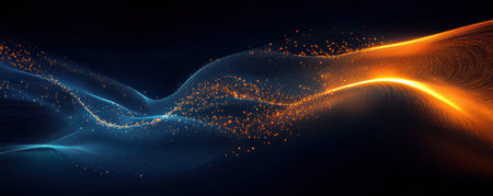 Digital data and technology background with glowing light, lines, and code elements. Abstract digital world concept. High-speed data transfer in cyberspace. Big Data concept. Futuristic design. Digital innovation. Blue and orange colors. Black background. --ar 5:2 --v 6.1 Job ID: 69ef9cde-0efd-4752-abcb-f379daf4e221の素材