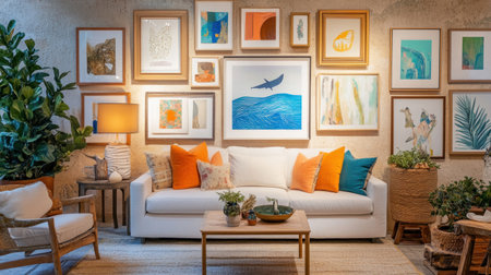 Designing an art gallery wall with various frames and pictures for home decor, featuring a white sofa in the center of the room. The scene includes a variety of colorful pillows on top of it, adding vibrancy to the space. There's also a potted plant nearby, creating a natural touch. On one side is a small wooden table with decorative objects, while another corner features a floor lamp casting warm light over everything. Focus stacking, symmetrical. --chaos 30 --ar 16:9 --v 6.1 Job ID: 5678ca43-2746-4e9b-9ab7-9b193412ee70の素材