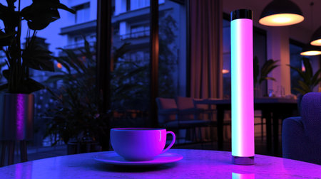 A smart air purifier with LED lights in the living room, featuring purple and blue lighting effects. A cup of coffee sits on an end table next to it, with a dining area visible behind it. Large windows offer a view of plants outside, and the room is illuminated by the pink light of street lamps at night, with furniture arranged around the product. The air purifier is centered in front of the camera, boasting a simple yet modern and futuristic design. --chaos 30 --ar 16:9 --v 6.1 Job ID: dcdb0525-5df5-4aa3-babc-a5486c78223cの素材