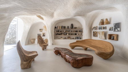A living room with an arched ceiling, featuring white walls and organic shapes in the furniture design. The sofa is curved and has wood accents on its sides, while there's also a coffee table made of natural materials. In front of it stand two chairs that appear to be carved from stone or wooden slats. There's also a bookshelf filled with various items, including artwork and photographs. On one side of the space lies a window overlooking the outside. --chaos 30 --ar 16:9 --v 6.1 Job ID: 35b66002-fe33-450c-bc1c-86f7032ee15bの素材