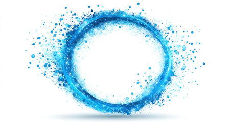 Blue circular rings on a white background, with a glowing effect, in a vector illustration style, using simple lines and no shadows or shading. The design is minimalistic and elegant, with a blue color scheme. It has a sense of technology or digital art. This is an abstract shape with light particles around it that give the impression of movement and energy. There should be some small dots at each side to add depth to the image. The design is isolated in a blank space, without any other elements. --chaos 30 --ar 16:9 --v 6.1 Job ID: 87a4f192-51e6-40cb-9f3a-67f2b383376dの素材