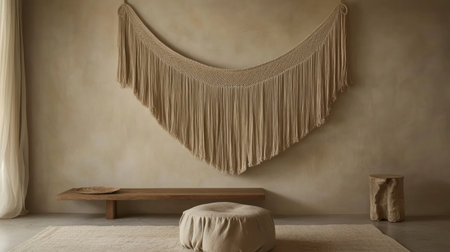 Beige macrame hanging on the wall above a sofa in a boho-style living room with pampas grass and a wooden coffee table, a beige carpet and ottoman, and a neutral color scheme. Minimalist home interior design of a modern apartment or house. --chaos 30 --ar 16:9 --v 6.1 Job ID: 71644012-a9d3-4997-8217-56204dfea560の素材
