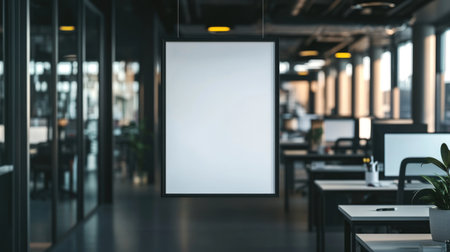 A white, blank poster frame hangs on the wall in an open-space office. Desks and computers surround the room, which is filled with natural light. --chaos 30 --ar 16:9 --v 6.1 Job ID: c2d51af4-38cf-474c-a0c0-83609c861e13の素材