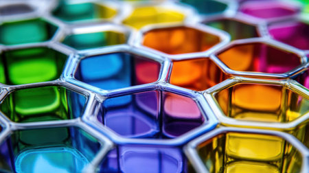 Close-up of colorful plastic honeycomb shapes, emphasizing the intricate patterns and textures. The vibrant colors create an eye-catching visual composition that captures attention in product photography. --chaos 30 --ar 16:9 --v 6.1 Job ID: 6007950b-98b7-4358-9418-c5d163837c1dの素材