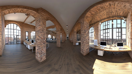 Modern open-space office interior with desks and computers, brick walls, and a wooden floor. Wide panoramic view of the creative workspace in an industrial building with large windows. Modern business working environment concept. High-quality, photorealistic banner. --chaos 30 --ar 16:9 --v 6.1 Job ID: 2fa6ea75-6d17-4b0a-8698-e206b78c2da2の素材