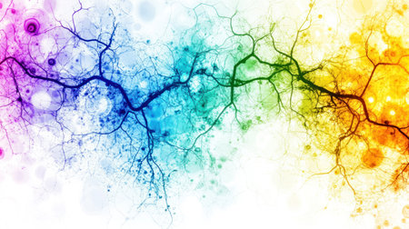 A vibrant rainbow of colors with tree-like shapes and social media icons, representing the growth journey in digital marketing. Minimalist art style, set against a white background. --chaos 30 --ar 16:9 --v 6.1 Job ID: a2324ce9-45ad-4a25-b0c3-bf3e295bdbfdの素材