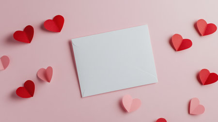 Flat lay of a blank white card with an envelope on a pastel pink background, with red paper hearts around it. Minimalistic aesthetic, simple design, flat lay photography style, high resolution, studio lighting, bright and airy feel, clean minimalism, high definition. --chaos 30 --ar 16:9 --v 6.1 Job ID: 9e1fdf71-ad74-499d-afe8-5c741707e16bの素材