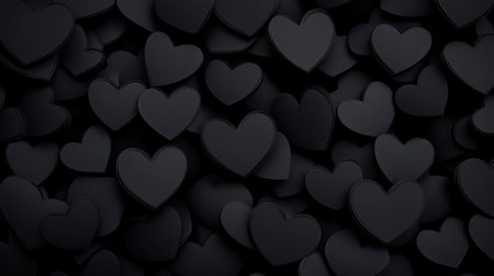Black heart background. Black abstract pattern with black hearts. Background for love, Valentine's Day, or a wedding ceremony. Abstract minimalistic 3D rendering. Flat lay. High resolution. --chaos 30 --ar 16:9 --v 6.1 Job ID: 4780d968-2e35-4a41-9408-1009888a73e9の素材