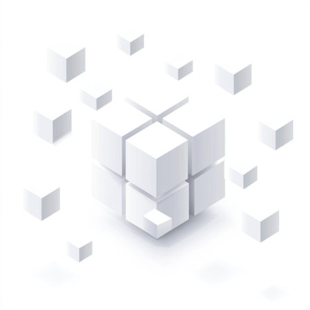 Isometric white vector cube with scattered blocks, on a white background, in a minimalistic style with simple shapes. --v 6.1 Job ID: 6659c52c-dfef-4a4d-9134-d9d48d3189e1の素材
