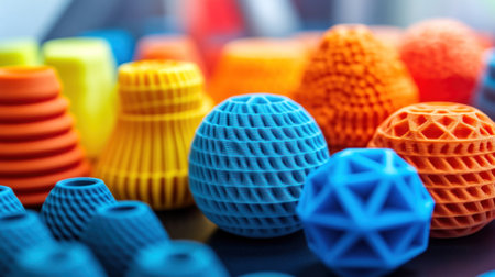 Close-up of colorful 3D-printed objects, showcasing intricate patterns and textures in vibrant colors. The focus is on the unique shapes created by advanced printing technology. --chaos 30 --ar 16:9 --v 6.1 Job ID: 7882f1df-eb4d-47e9-8e45-0b0f854add6aの素材