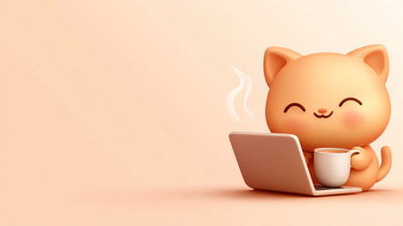 Cute chubby cat holding a coffee cup and working on a laptop, against a pastel pink background, in a 3D illustration style, with a cute cartoon design, simple shapes, a detailed character design, cute kawaii animal characters, a simple minimalistic design, and cute graphic vector art. --chaos 30 --ar 16:9 --v 6.1 Job ID: d8f9720c-6083-4846-a4d4-6ef05b4bc356の素材