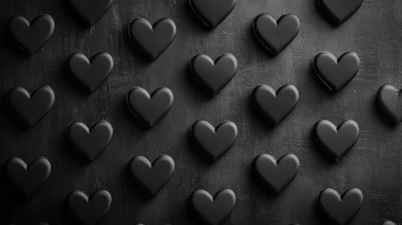 Black background with scattered hearts, 3D rendering, abstract minimalism, simple geometric shapes of black color on the wall, wallpaper design for Valentine's Day, love concept, pattern, monochrome. --chaos 30 --ar 16:9 --v 6.1 Job ID: 20fbf9e4-4778-490d-92b8-c77007fa0cf6の素材