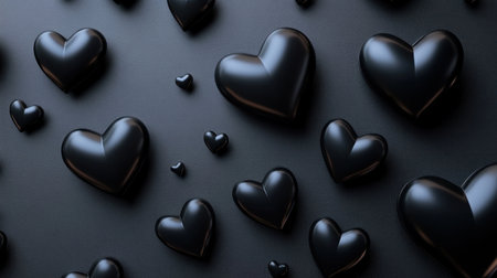Black heart background. Black abstract pattern with black hearts. Background for love, Valentine's Day, or a wedding ceremony. Abstract minimalistic 3D rendering. Flat lay. High resolution. --chaos 30 --ar 16:9 --v 6.1 Job ID: 4780d968-2e35-4a41-9408-1009888a73e9の素材