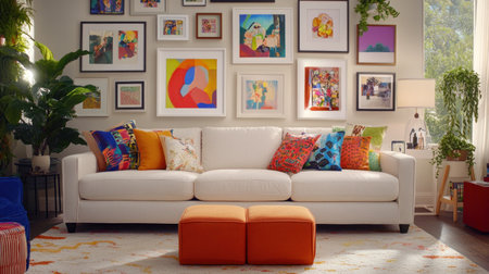 A living room with a white sofa, colorful throw pillows, and an array of framed art on the wall. The walls have various sizes of picture frames in different colors hanging from top to bottom. There is also a plant stand beside it, holding potted plants. A window displays natural light streaming through, illuminating part of one side of the couch. In front of the couch sit two orange-colored ottomans. The floor is carpeted. --chaos 30 --ar 16:9 --v 6.1 Job ID: 5381c80c-2d22-4142-a9b3-d343069751c8の素材