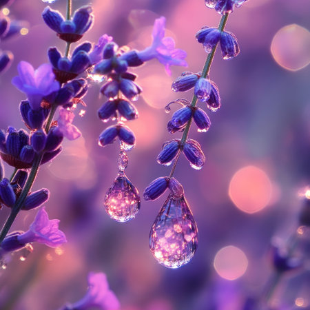 Macro photography of dew on lavender, with a bokeh background and a purple and pink color palette. Glass crystal drops hang from the flowers, creating a mystical atmosphere and a fantasy-like scene. --v 6.1 Job ID: b8b6760d-7b3a-41d9-9085-dee187407840の素材