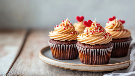 A plate of Valentine's Day cupcakes with chocolate and cream frosting, decorated with red heart sprinkles, on an old wooden table. The background is blurred to focus attention on the cupcakes. --chaos 30 --ar 16:9 --v 6.1 Job ID: 2bca9e59-a08a-41ff-8c4b-2c72617114bdの素材