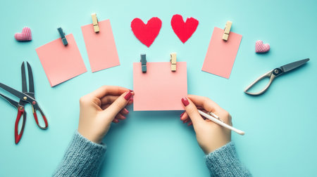 A person is crafting Valentine's Day cards with pink and red paper, scissors, and clothespins on a light blue background. The concept of handmade crafts for the holiday is highlighted by the simple yet colorful design. --chaos 30 --ar 16:9 --v 6.1 Job ID: 493a61ff-8bdb-4820-9226-adfec92befeeの素材