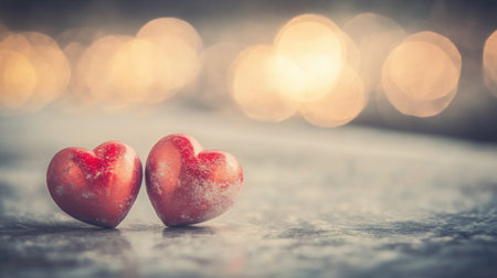 A soft gray background with a subtle bokeh effect, featuring two red hearts in the foreground. The heart on the left is smaller and more detailed than the larger one on the right. --chaos 30 --ar 16:9 --v 6.1 Job ID: fa6600c6-dd37-4771-8a3a-37526a676f47の素材