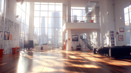A large, open-plan living room with a wooden floor, a black sofa, and white walls. The modern-style interior design of the house features glass windows on two sides, overlooking a city view. A steel staircase leads to the second story, and a stone wall feature is in the corner. The lighting is industrial in style. --chaos 30 --ar 16:9 --v 6.1 Job ID: 123ae892-46e7-4fde-a0ea-79084a73a84eの素材