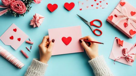 A person making Valentine's Day cards with pink paper and red hearts, on a light blue background. The scene includes scissors, glue sticks, and various papers in the style of flat lay photography. --chaos 30 --ar 16:9 --v 6.1 Job ID: 14d9f2f8-cf6d-4ac2-98cc-3bb98cdb2205の素材