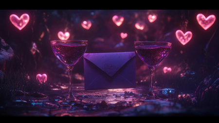 A heartwarming Valentine's Day scene with champagne glasses and an envelope, surrounded by glowing hearts in the background. --chaos 30 --ar 16:9 --v 6.1 Job ID: 6297bde0-c30b-40af-a37e-0c0af1245c42の素材