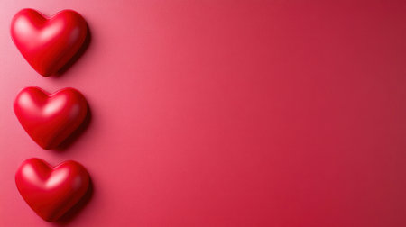 A pink background with red hearts on the left side, perfect for Valentine's Day themes or romantic designs. The heart shapes add an element of love and affection to your projects, creating visually appealing visuals suitable for various applications. This flat lay composition adds warmth and romance to any design, making it ideal as a banner, header, backdrop, or background. This is an ultra-realistic photograph captured with a high-resolution 70mm lens and cinematic lighting. --chaos 30 --ar 16:9 --v 6.1 Job ID: 3d48d651-25be-4cff-996c-7c72afa6990cの素材