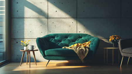 A photo of an elegant green sofa in front of a wall, with concrete walls and wooden floors. The scene includes a small table or side tables, a chair, a coffee mug on it, a flower pot, a blanket, and an armchair. The interior design style is minimalist, and natural light illuminates the space, creating soft shadows. --chaos 30 --ar 16:9 --v 6.1 Job ID: 9bc2826b-5f89-40bc-aeb7-8193b39db4faの素材