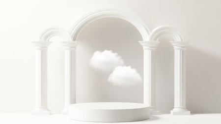 A white background with three Greek columns and an arch, with a round podium in the center of it. The scene is illuminated by soft light that creates gentle shadows on one side of the space. There's a cloud inside the circular shape, adding to its ethereal feel. This design adds a touch of ancient elegance while providing ample space for text or product display. --chaos 30 --ar 16:9 --v 6.1 Job ID: 8e34487a-2e38-4afb-9675-4a6c5ba1afa3の素材