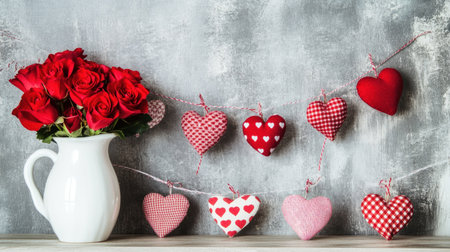 A white ceramic vase with red roses and heart-shaped fabric decorations on a table, against a gray background, with a Valentine's Day theme, in a flat lay composition, providing copy space, high-resolution photography, with insane attention to detail, a stock photo, professional color grading, an award-winning photoshoot, and a blank banner behind for text. --chaos 30 --ar 16:9 --v 6.1 Job ID: 78a0b5a8-8850-4dfc-9765-e122b7cb9eaeの素材