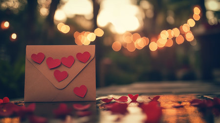 A photo of an envelope with red paper hearts on it, surrounded by scattered petals and bokeh lights in the background. The scene is bathed in warm golden light, creating a romantic atmosphere for Valentine's Day. --chaos 30 --ar 16:9 --v 6.1 Job ID: a1082cd5-5c63-43f1-aaf5-49d305e200ccの素材
