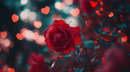 A rose with red petals and heart-shaped bokeh lights in the background, symbolizing love for a Valentine's Day banner template design. The red color of the roses creates an atmosphere of romance and passion, while the hearts add to its festive mood. This design is suitable as a digital poster or social media post. It is an ultra-realistic photograph captured with a high-resolution 20-megapixel Sony A7 IV camera, in daytime lighting and with studio lighting. --chaos 30 --ar 16:9 --v 6.1 Job ID: ec4d6453-b180-4600-91b1-f69bd4de86dfの素材