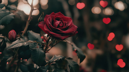A red rose with hearts in the background, a bokeh effect, a Valentine's Day banner, a blurred background, dark colors, a digital art style, red roses, red and pink lights, red heart shapes. --chaos 30 --ar 16:9 --v 6.1 Job ID: bec2901b-84d6-4445-884d-f17d2325af93の素材
