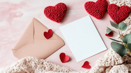 A mockup of an A5 card on top, with two red paper hearts next to it and an envelope in the background. The card is blank white for writing love letters or romantic messages. There's space around the postcard for text. Pale pink background. Flat lay. --chaos 30 --ar 16:9 --v 6.1 Job ID: 3cc3856b-c8b1-4aeb-b201-434cae91a569の素材