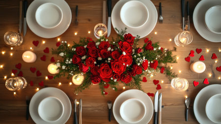 A romantic dinner table set with red roses, candles, and heart-shaped confetti for a Valentine's Day celebration. --chaos 30 --ar 16:9 --v 6.1 Job ID: cd46533e-90f8-4fa4-9c2c-7c061ae358d1の素材